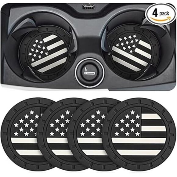 American Flag Car Cup Coasters 4-Pack Cup Holder Anti Slip Rubber Vehicle Black - Picture 7 of 7